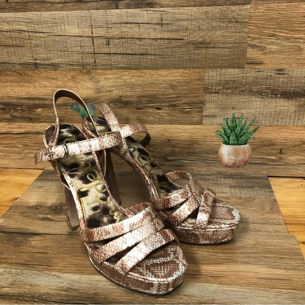 Sam Edelman Taryn Platform heels metallic snakeskin strappy chunky size 10